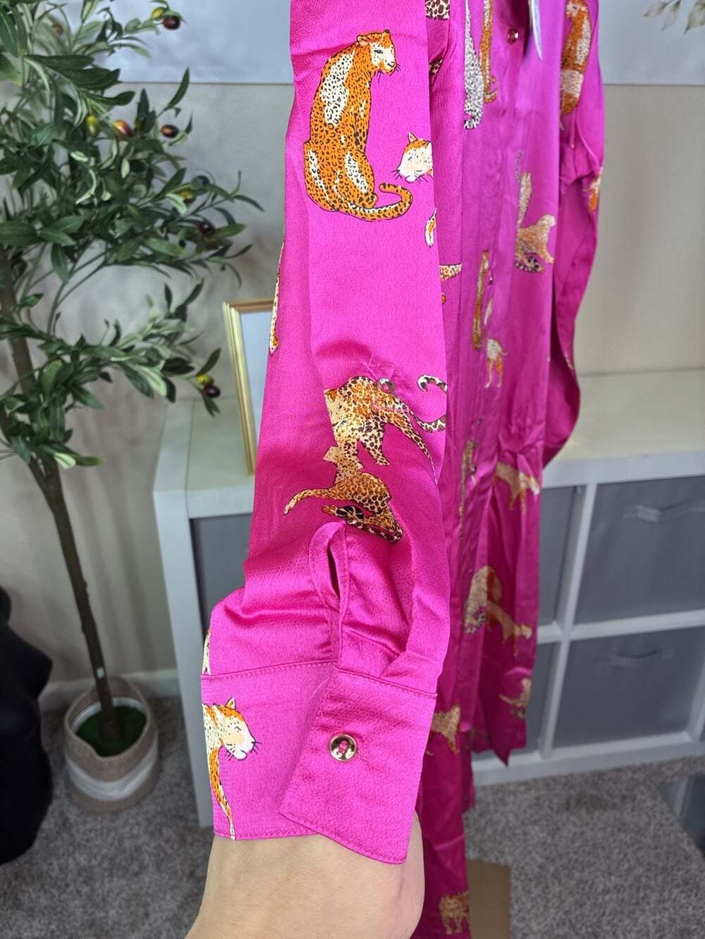 Umgee Satin Cheetah Print Button-Down Midi Shirt Dress in Magenta Pink - Picture 5 of 11